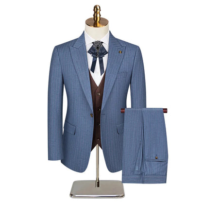 Men's Classic Formal Pinstripe Tuxedos Suits 3 Pieces Slim Fit Blazer Peak Lapel Two Button Groomsmen Wedding Dress Business