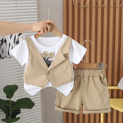 2Pcs Baby Boys Party Gentleman Outfit Short Sleeve Bowknot 2 in 1 T-shirt with Fake Waistcoat And Shorts Set Kids Summer Clothes