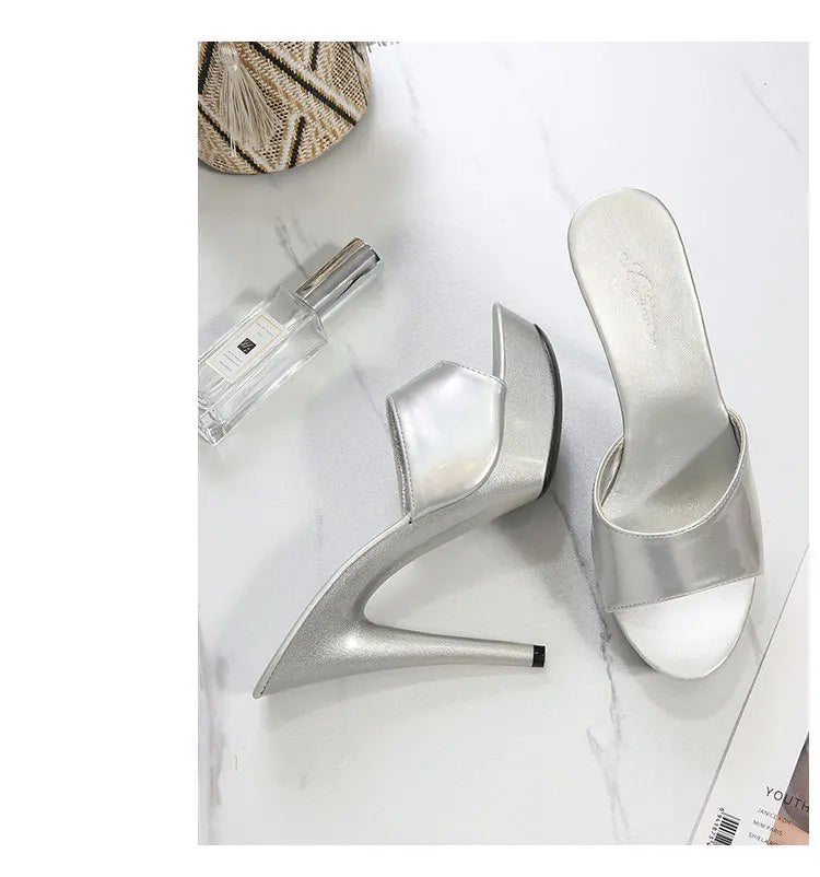 Slippers Women Summer 2022 New Black High Heels 13 CM  Color Club Sexy High Platform Thin  Party Girl Show Sandals  Size 34-43