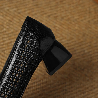 Women's genuine leather braided microfiber patchwork summer breathable pumps crystal buckle 4cm thick med heel daily dress shoes