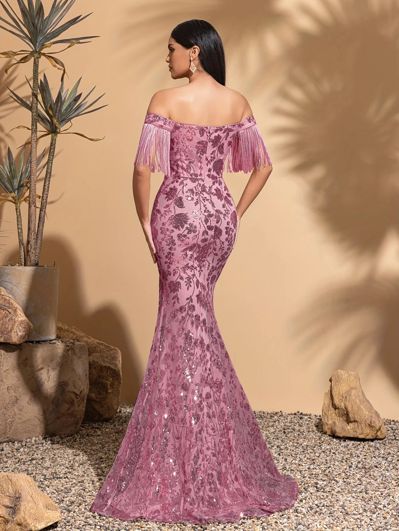 Off-the-shoulder sequined tassel sleeve slit dress
