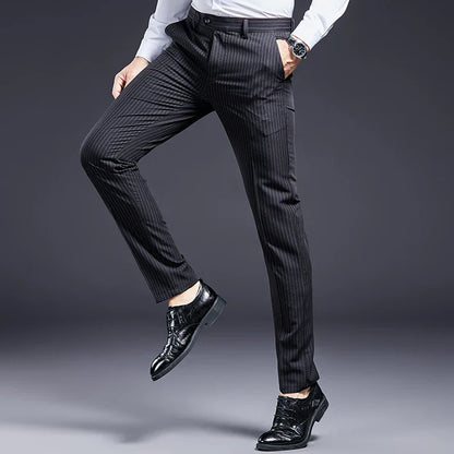 High Quality Men Suit Pants Smart Casual Office Trousers Business Pants For Men Wedding Party Dress Trousers Mens Stripe Pants