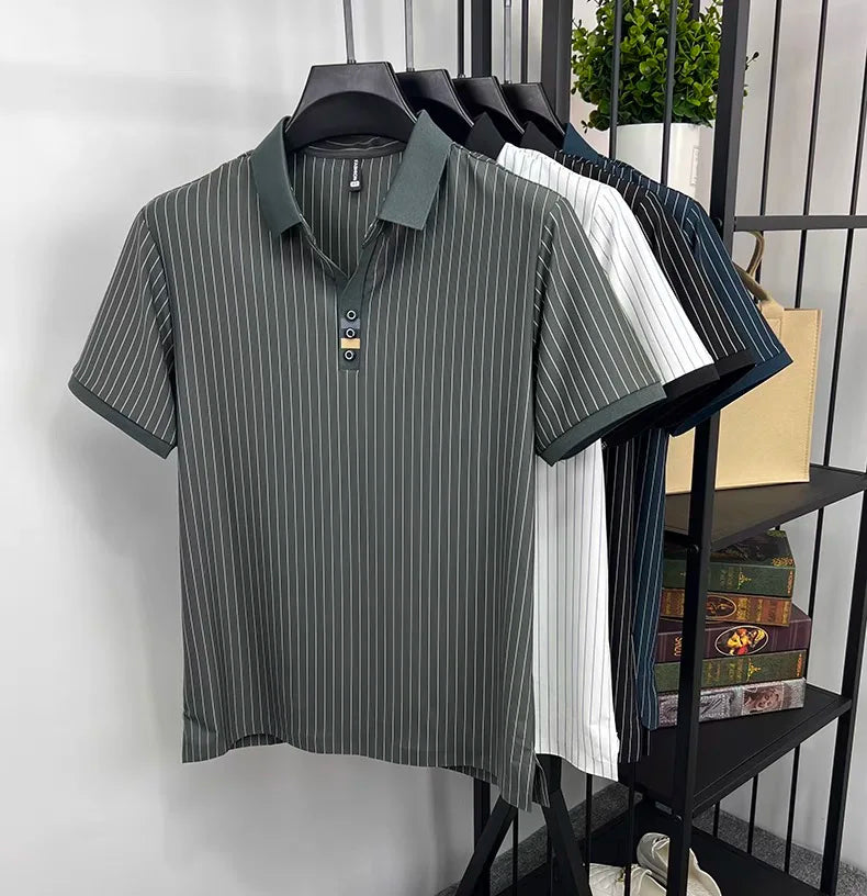 Brand striped design men's short sleeve fashionable polo shirt 2024 summer new cool and breathable casual lapel golf T-shirt