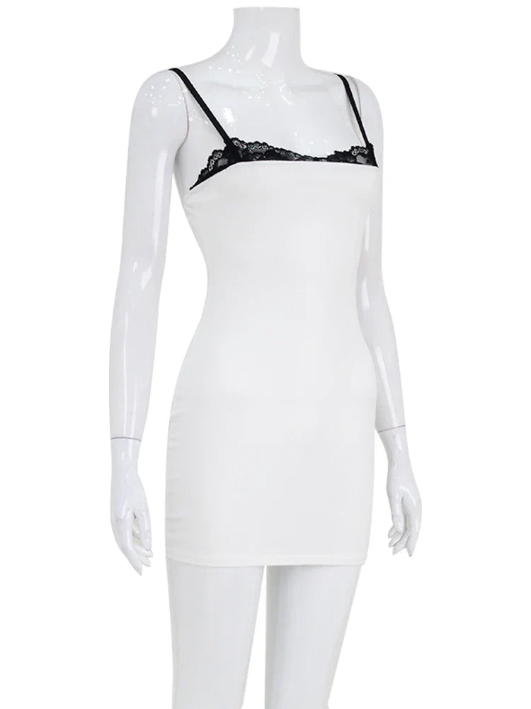 Lace Patchwork Spaghetti Dresses For Women Fashion Sexy Club Y2K Sleeveless Slash Neck Skinny Mini Vestidos Robes Female Bodycon