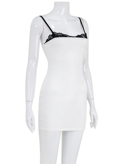 Lace Patchwork Spaghetti Dresses For Women Fashion Sexy Club Y2K Sleeveless Slash Neck Skinny Mini Vestidos Robes Female Bodycon