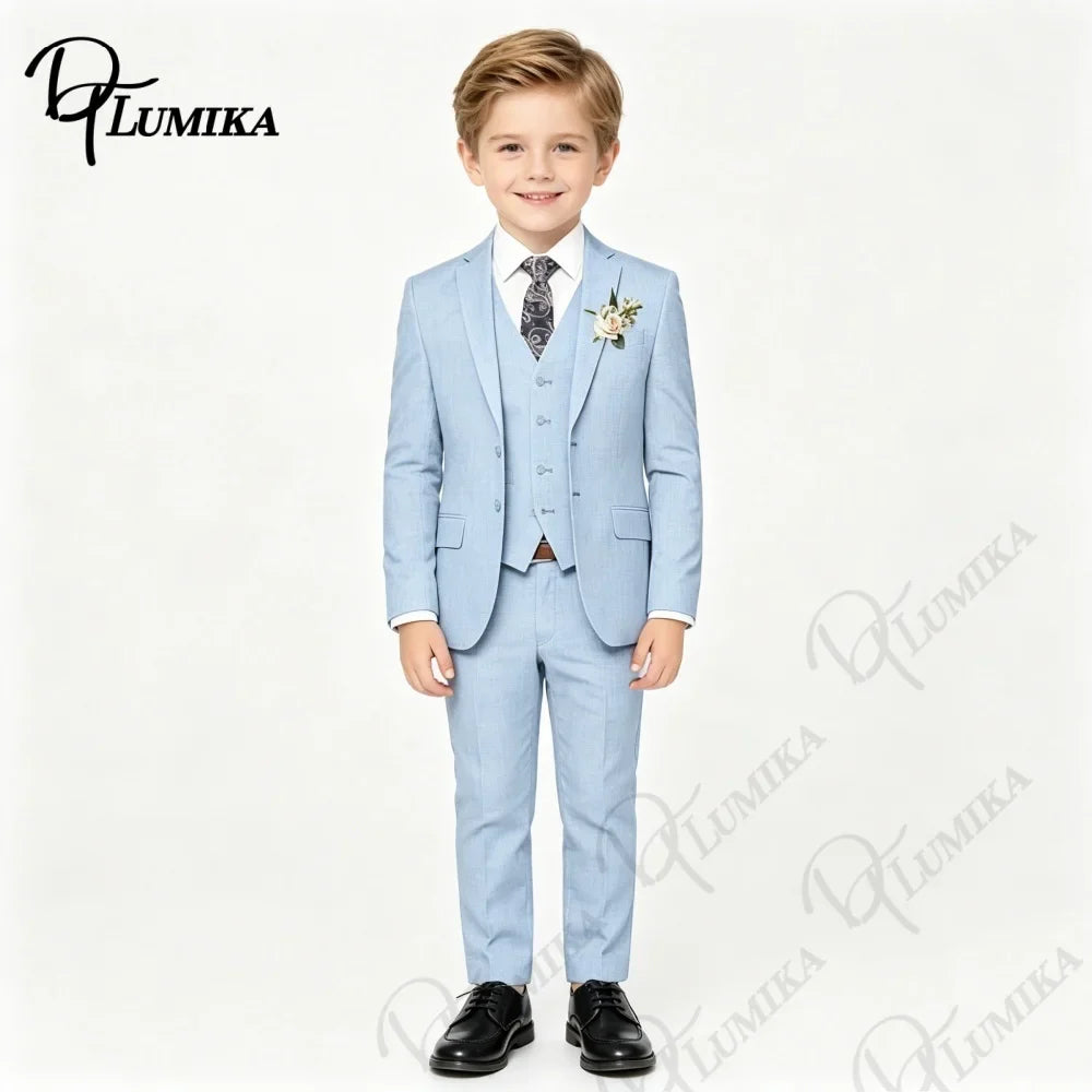 Boys’ 4-Piece Sky Blue Suit with Floral Tie for Weddings & Graduation