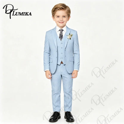 Boys’ 4-Piece Sky Blue Suit with Floral Tie for Weddings & Graduation
