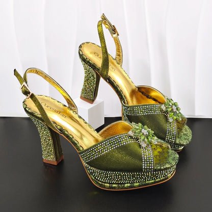 INS New Arrival Colorful Crystral Decoration Design Elegant Mature Party Wedding Peep Toe Ladies High Heels and Bag Set