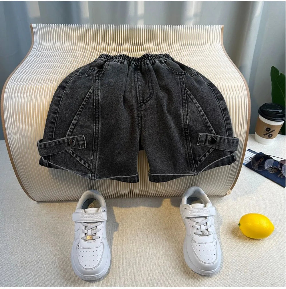 Set Kid Boy 2025 Summer New Style Cotton Letter Embroidered T-shirt Black Jeans Fashion Streetwear Daily Sporty Korean