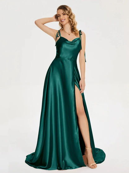Vestido de Madrinha em Cetim, Estilo Evasê, Fenda, Decote Drapeado, 3 Estilos, com Amarrações, para Eventos Especiais, Vestido de Noite, Vestido de Formatura