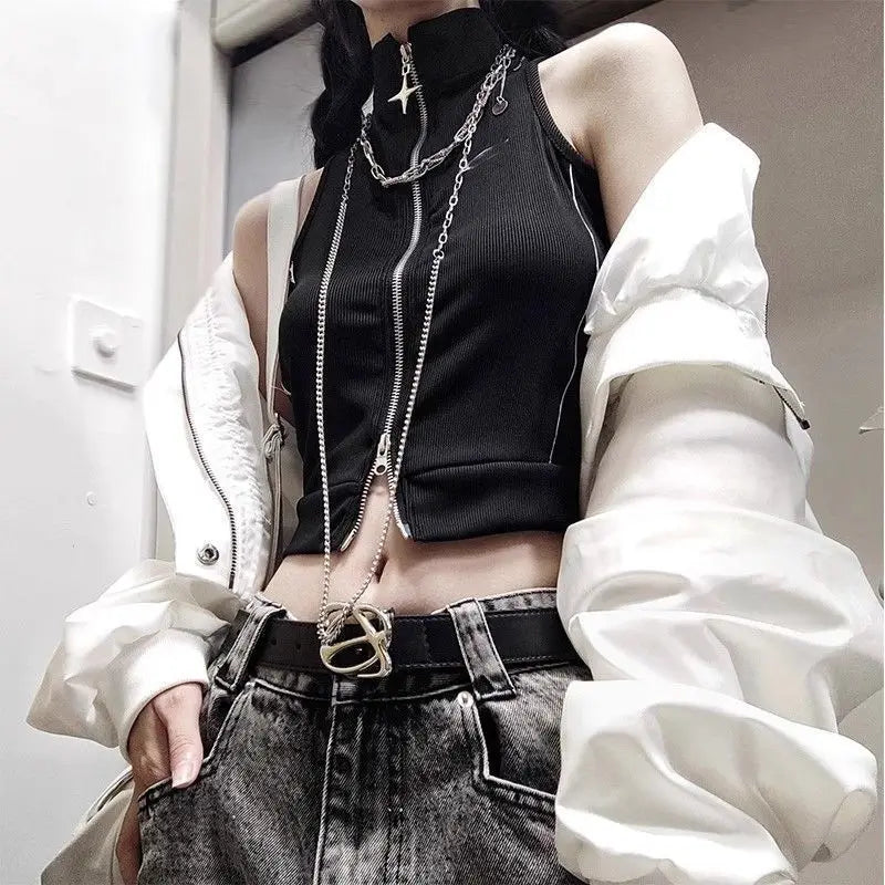Gothic Style Stitching High Street Style Hot Girl Spaghetti Straps Sleeveless Cardigan Vest Slimming Slim Fit Top for Women INS