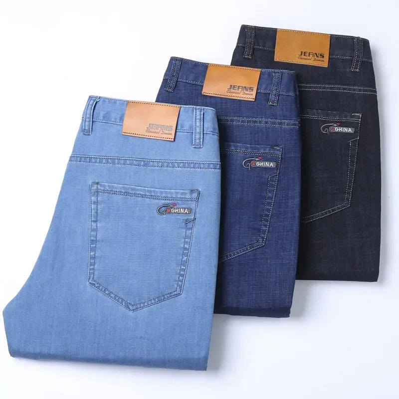 Denim Jeans For Men Blue Straight Stretch Cotton Pants Business Casual Lightweight Trousers Spring Summer