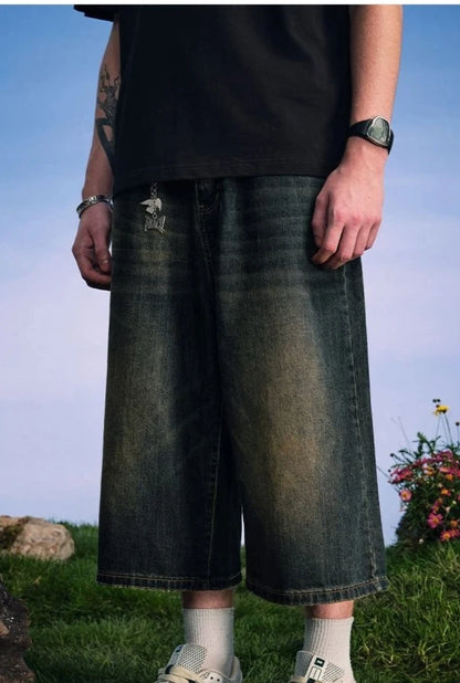 Men's 2026 Summer American High Street Retro Gradient Washed Denim Shorts Lazy Youth Trendy Ins New Versatile Casual Capri Pants