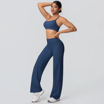 Women Gym Sports Yoga Suit Sexy Beautiful Back Yoga Underwear With Chest Pad Solid Color High Waisted Wide Leg Pants Yoga Set