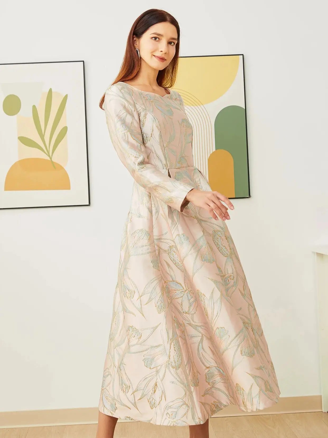 Elegant lady's fitted long-sleeved dress - luxurious and sophisticated party and banquet evening gown, mid-length style