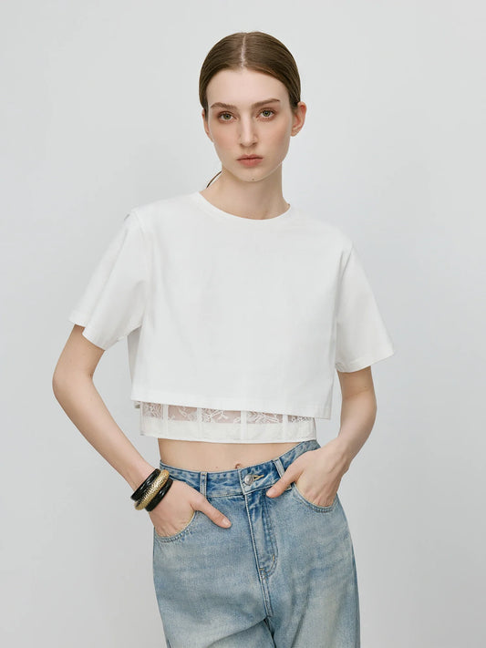 Waist-cropped Lace-spliced Fashion  T-shirt for Women Chic Blouse 2025 Summer New Arrival 25FE12023