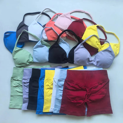 Impact Womens 2 Piece Yoga Set Strappy Seamless Sports Bra and High Waist Scrunch Shorts for Gym Workout and Fitness Training
