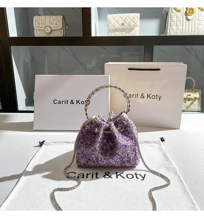 Luxury Designer Purple Stones Evening Clutch Bag Wedding Party Bucket Purse Metal Handle Women's Handbag Shoulder Messenger Bag