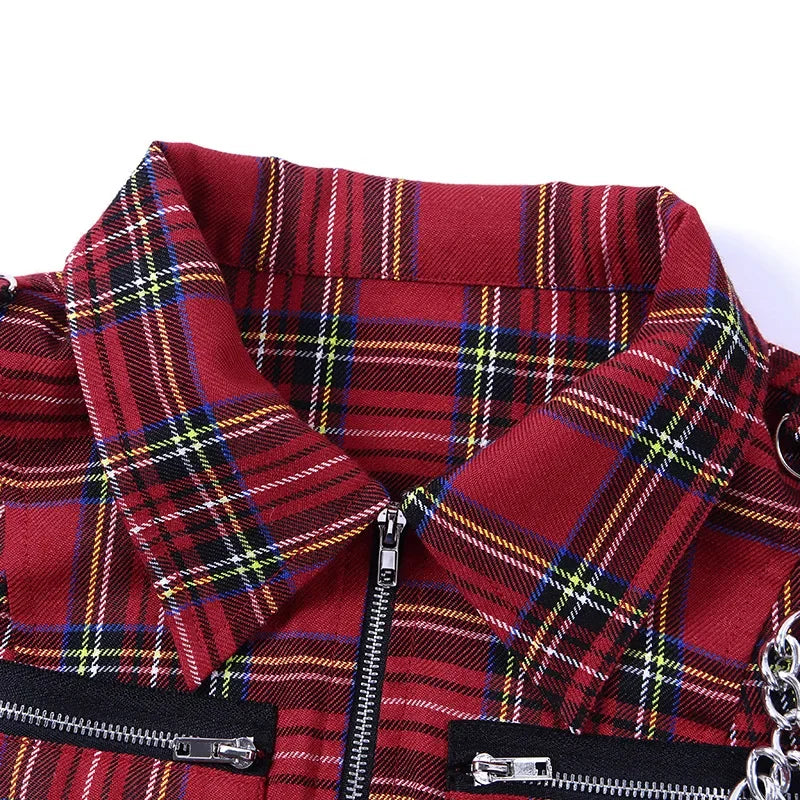 Women T-shirt Plaid Punk Streetwear Zipper Chain Plaid Female Goth Retro Hi Hop Camis Top Gothic Chic Sexy Crop Tops