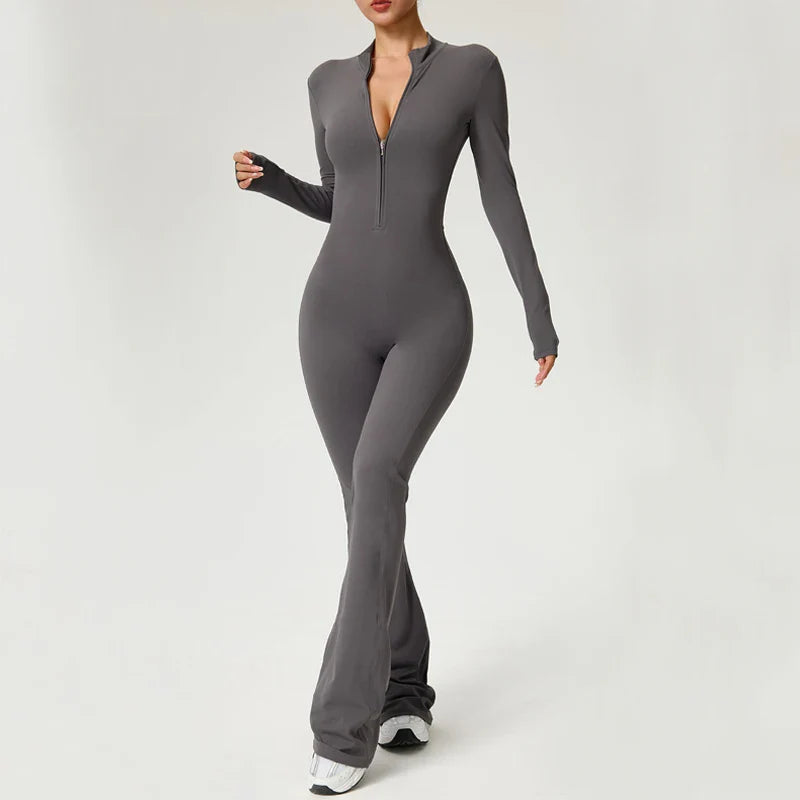VITALINOVO Women Long Sleeve Flare Workout Jumpsuit Zip Up Romper Bottom Pants Wide Leg Full Length Bodysuit Bodycon One Piece