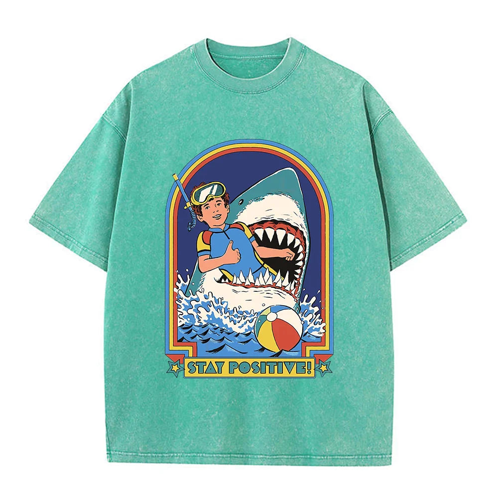 Stay Positive Printing Washed Retro Snow Mens T-Shirt Cotton Loose Tees Cotton Oversize Streetwear Breathable Tshirt Couple