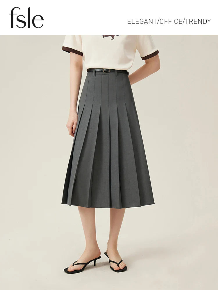 2025 New Arrival Women Zipper Waist Office Lady Elegant Grey Skirt Pleated Design Navy Blue Color Long Skirt Daily Outfits