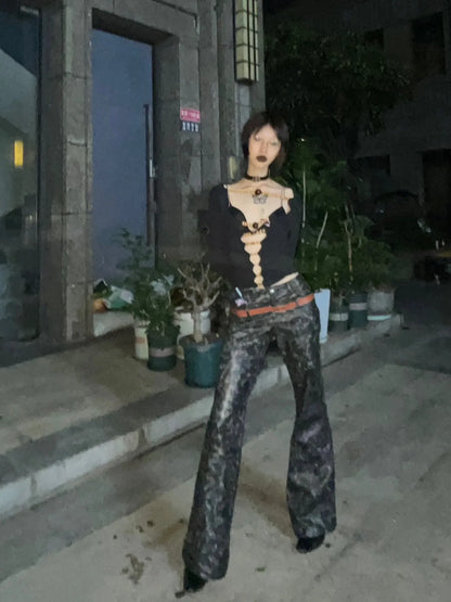 Japanese Y2k Hollow Out Tops Vintage Harajuku Beaded T Shirt 2000s Aesthetics Long Sleeve Slim T-shirts American Retro