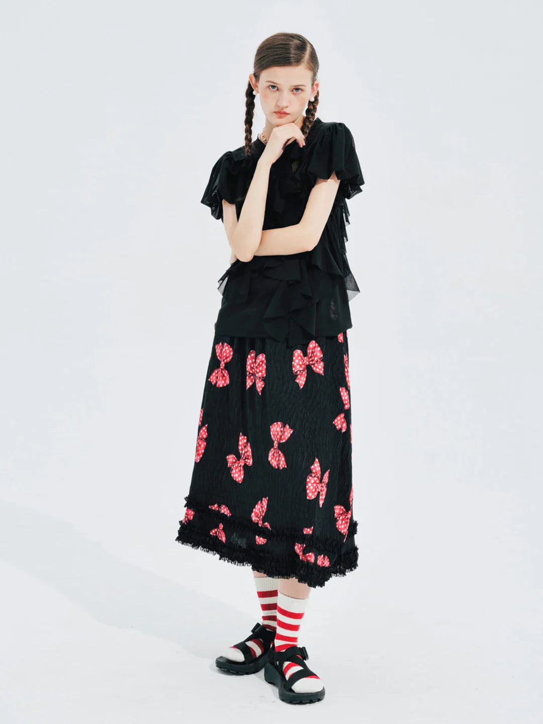 Original design bow pleated lace stitching elastic waist skirt for women 244659