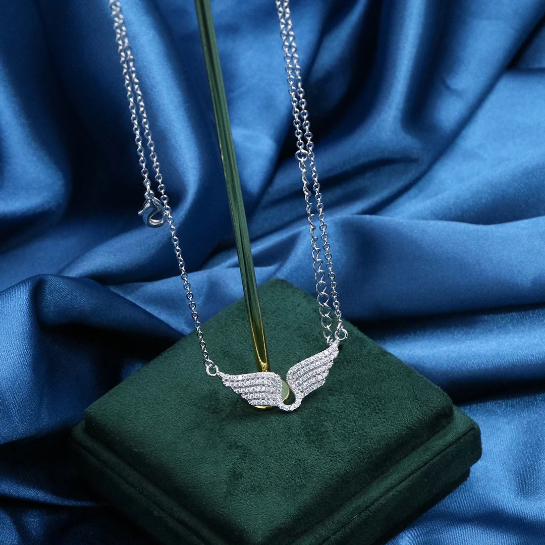 Delicate Women 24K Gold Plated Zircon Angel Wing Chain Pendant Necklace