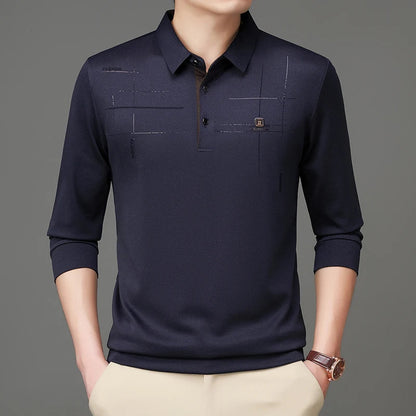 2025 Latest Autumn New Men's Long Sleeve Polo Shirt Middle Aged Business Comfortable Solid Color Men's Collar T-shirt