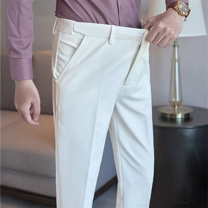 Spring Autumn Suit Pants Men Solid Color Fashion Slim Fit Smart Casual Suit Trousers Mens Elastic Waist Korean Full Length Pants