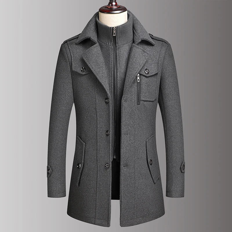 Sobretudo Masculino de Lã com Colarinho Duplo Moda Outono Inverno Estilo de Negócios Elegante Casaco de Lã Masculino de Meia-idade de Alta Qualidade