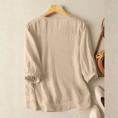 Elegant Women Embroidered Blouses Autumn 2024 3/4 Puff Sleeve Transparent Blusas Mujer Casual Vintage Cotton Shirts Tops