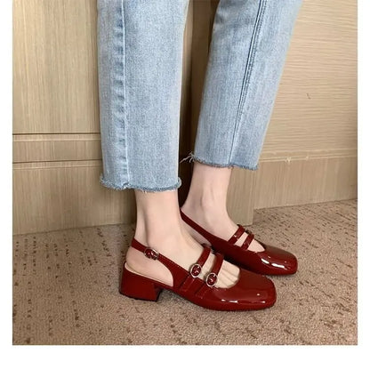 2025 Burgundy Mary Janes Square-Toe Double-Buckle Patent Leather Chunky Heel Shoes with Jean Styling