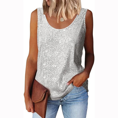 Ladies' Sequin Loose U-Neck Sleeveless Glitter Tops Fashion Solid Color Tank Tops For Daily Wear Performance Costume