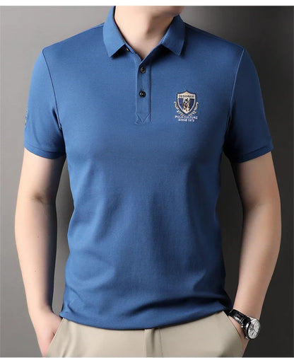 High end luxury silk cotton short sleeve POLO shirt men's summer fashion brand embroidered T-shirt cool wrinkle resistant top