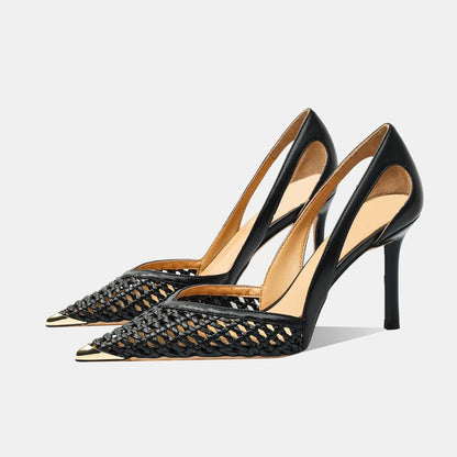 Women Hollow Sandals Elegant Pointed Toe Metal Straps High Heels Shoes Women Elegant Fashion Concise Sandals  Zapatos De Mujer