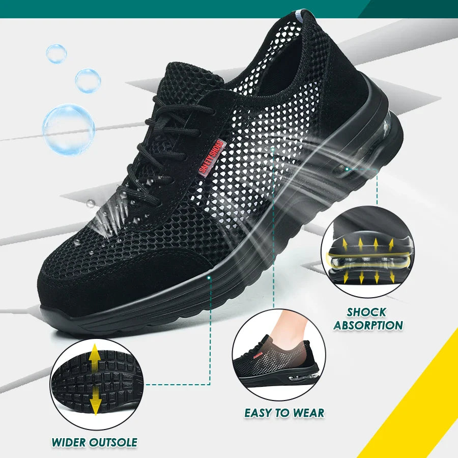Men's Summer Steel Toe Safety Shoes Anti-Crush And Piercing Breathable Lightweight Outdoor Pure Black Work Shoes