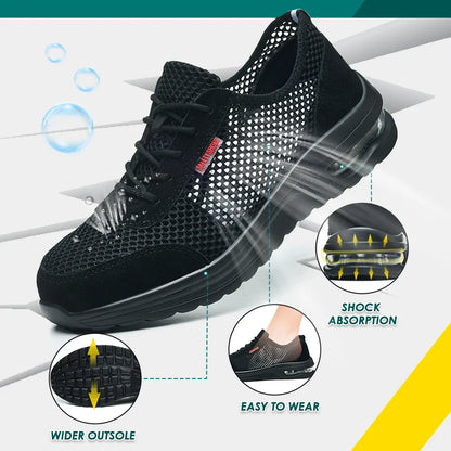 Men's Summer Steel Toe Safety Shoes Anti-Crush And Piercing Breathable Lightweight Outdoor Pure Black Work Shoes