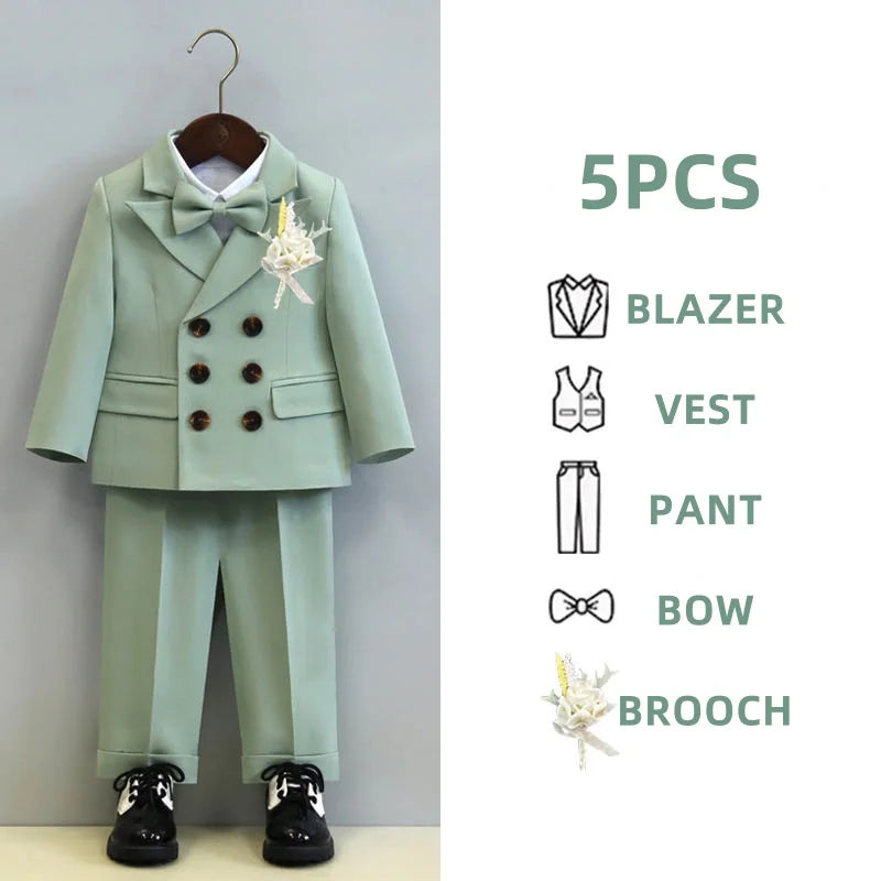 Children's Boys Autumn Formal Green Suit Boys Wedding Suit Children 1 To 14yrs Kids Blazer Pant Bowtie Flower Boys Suits Outfits