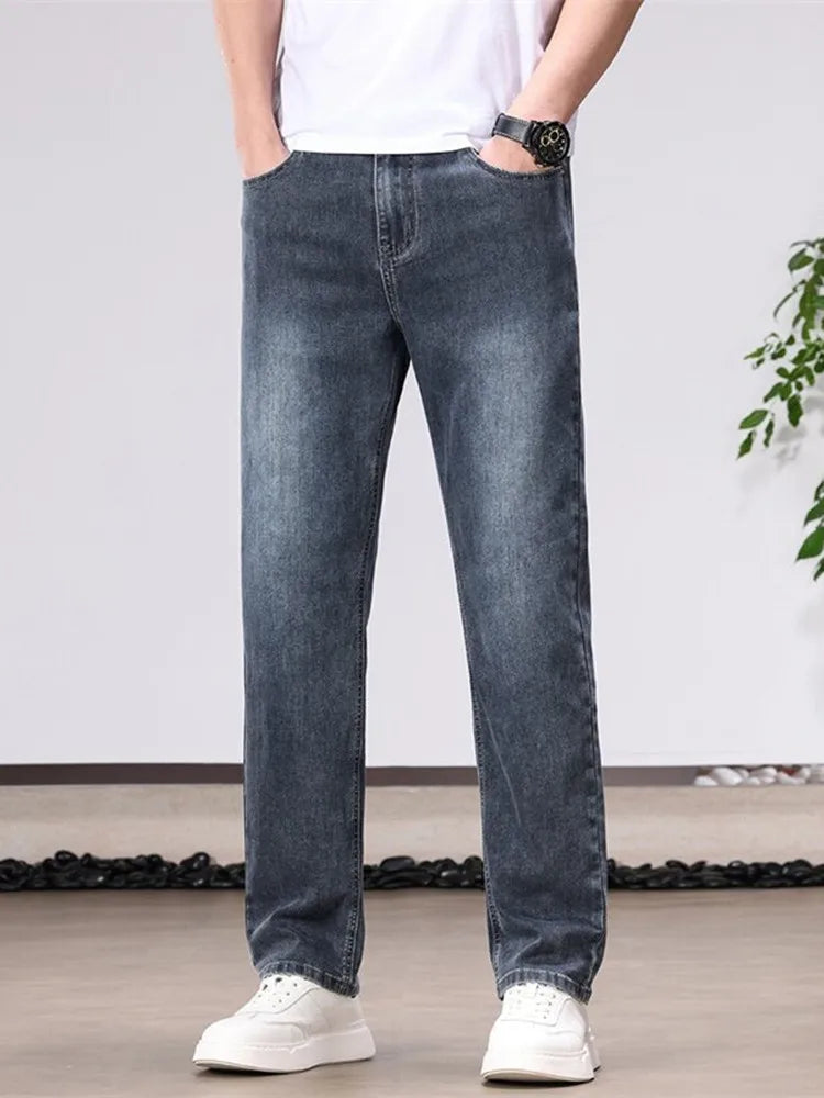 Spring/Autumn Fashion Trendy Solid Color Straight Leg Stretch Denim Pants Men's Casual Loose Fit Sports High Quality Trousers