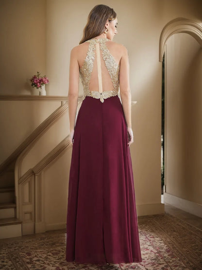Elegant Long Prom Dresses Patchwork A-Line Evening Dress Chiffon Embroidery Appliques V-Neck Halter Illusion Back Party Gowns