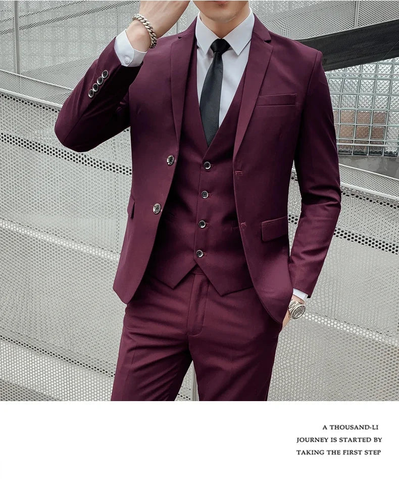 Suit Men's (Blazer+ Vest + Pants) 2025 Business Gentleman Fashionable and Fitted Casual Work Solid-color Wedding Best Man Suit