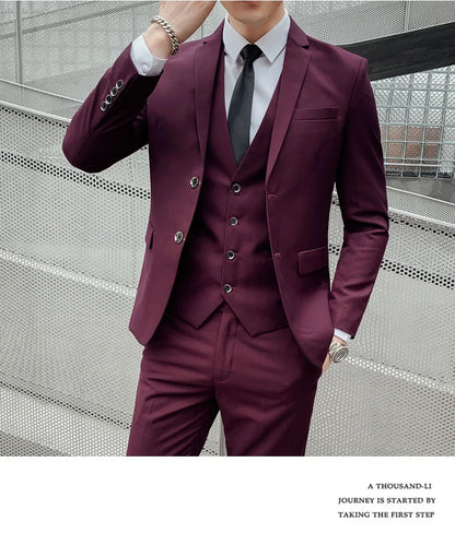 Suit Men's (Blazer+ Vest + Pants) 2025 Business Gentleman Fashionable and Fitted Casual Work Solid-color Wedding Best Man Suit