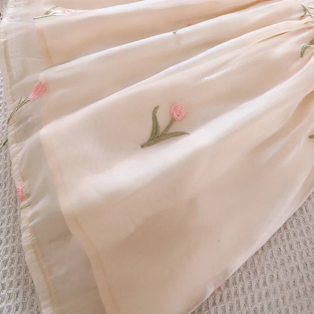 Girls' Summer Bubble Sleeves Mesh Flower Embroidered Princess Skirt Dress