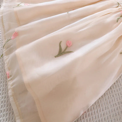 Girls' Summer Bubble Sleeves Mesh Flower Embroidered Princess Skirt Dress