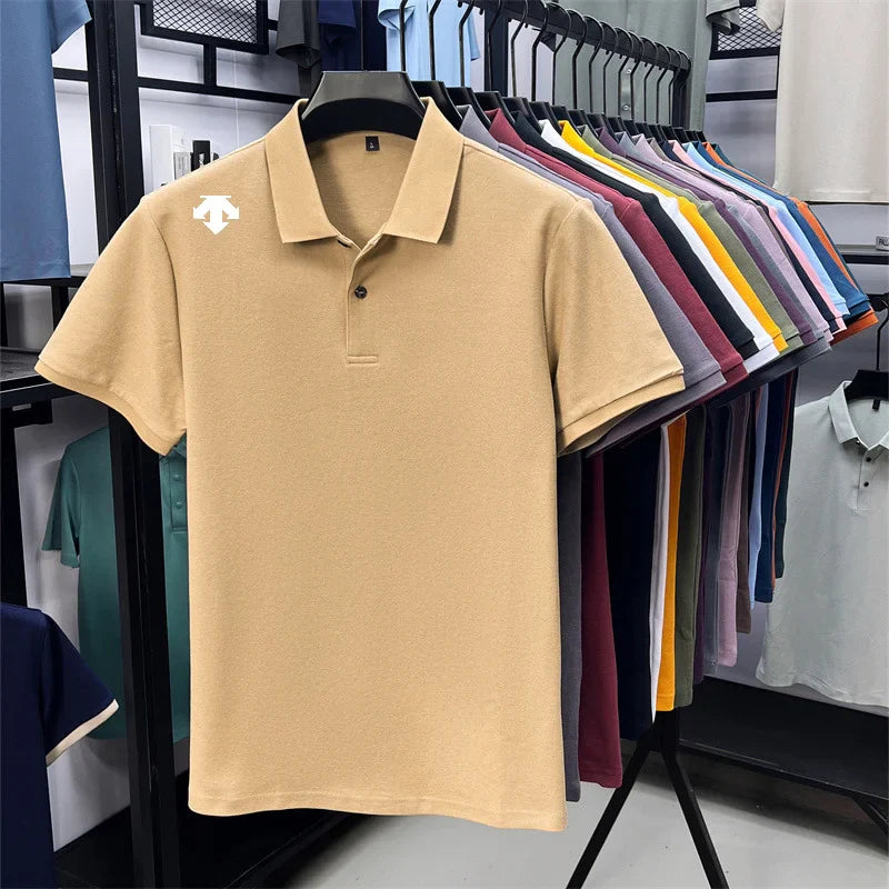 100% men's summer luxury brand polo shirt lapel geometric printing short sleeves t-shirt outdoor leisure men clothing tops