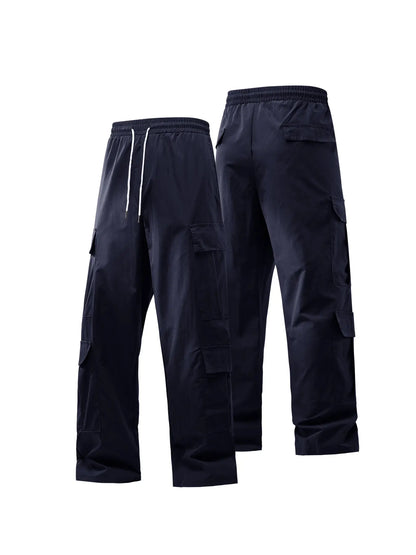 Men's Spring and Autumn Multi-Pocket Cargo Pants with Elastic Waistband and Drawstring Adjustment, Solid Color Multi-Pocket Long Pants Suitable for Outdoor Sports and Leisure