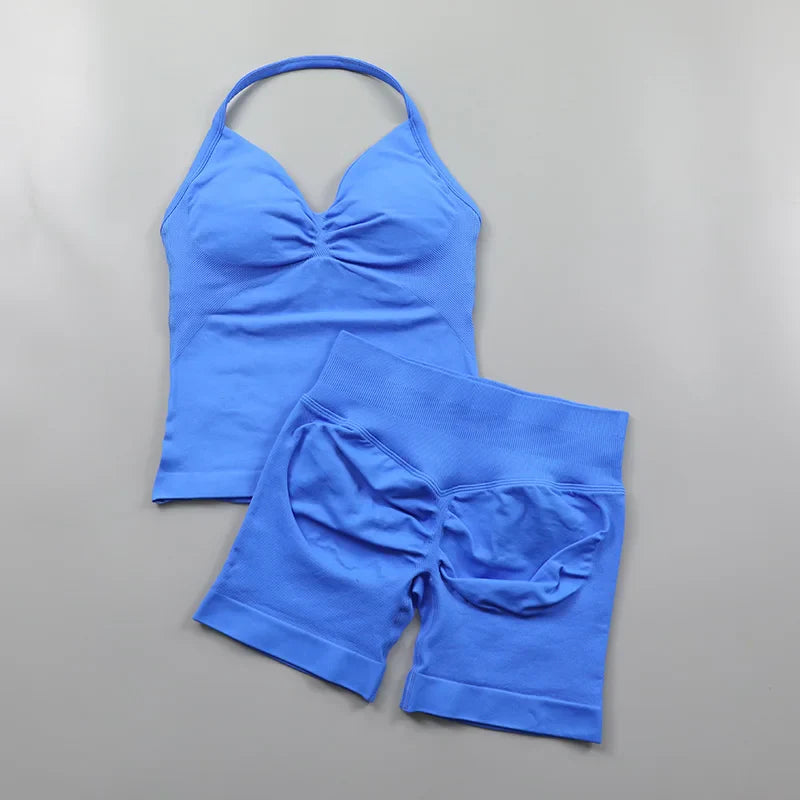 Yoga Longline Strappy Top Leggings Set Women's Backless Camisole Built-In bra Vest High-Waisted Hip Lift Gym Shorts Sports Set