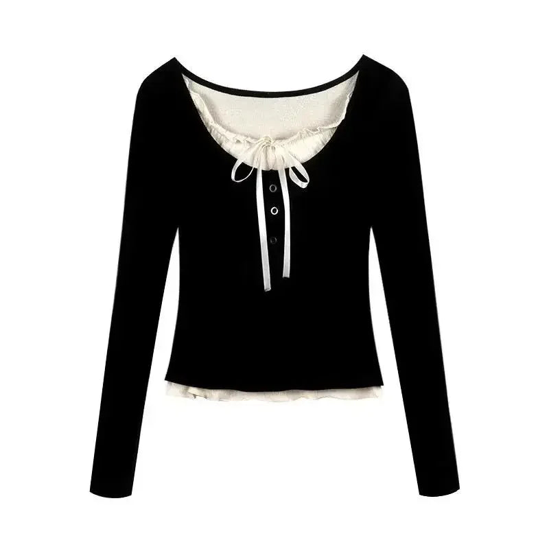 2026 Summer Kawaii Sweet Y2k Crop Tops Woman Casual Slim Long Sleeve Blouse Solid Korean Fashion Bodycon Pullover Office Lady